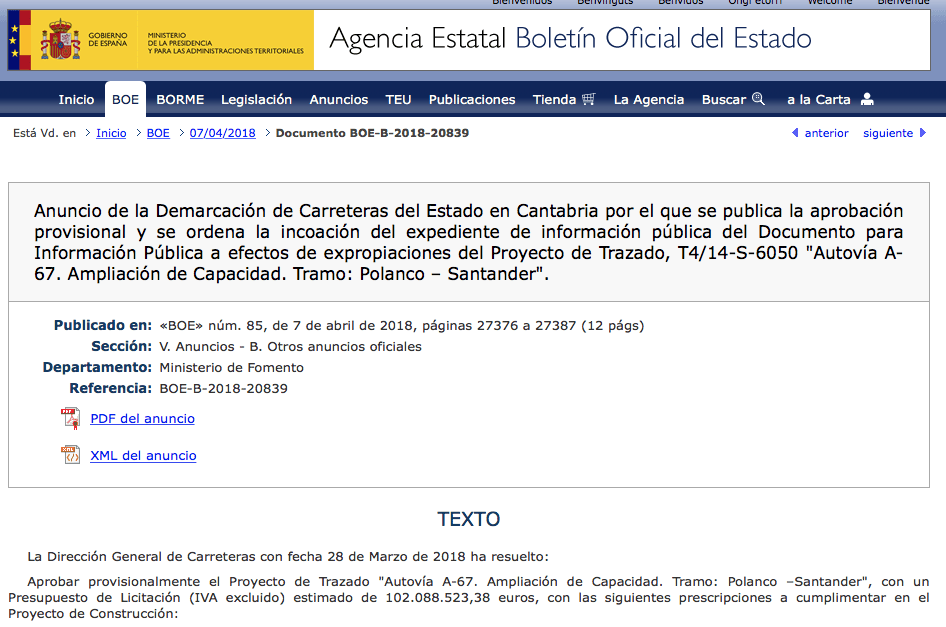 expropiaciones por la ampliación de capacidad de la A-67 entre Polanco y Santander