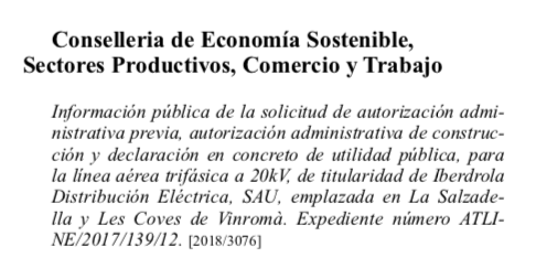 expropiaciones en La Salzadella y Les Coves de Vinromà para línea eléctrica de 20 kV