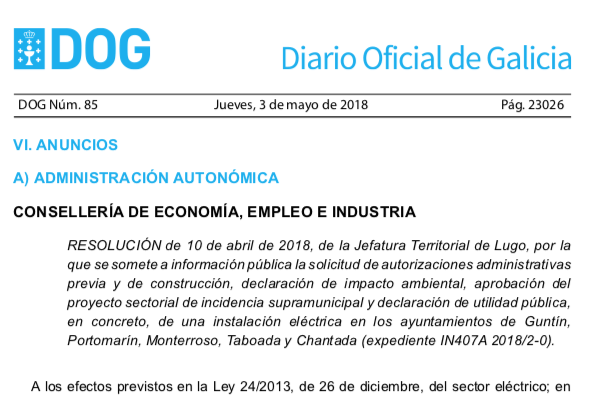 expropiaciones en Guntín, Portomarín, Monterroso, Taboada y Chantada por construcción de una línea eléctrica