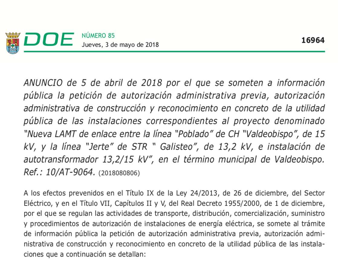 expropiaciones en Valdeobispo por obras de línea eléctrica
