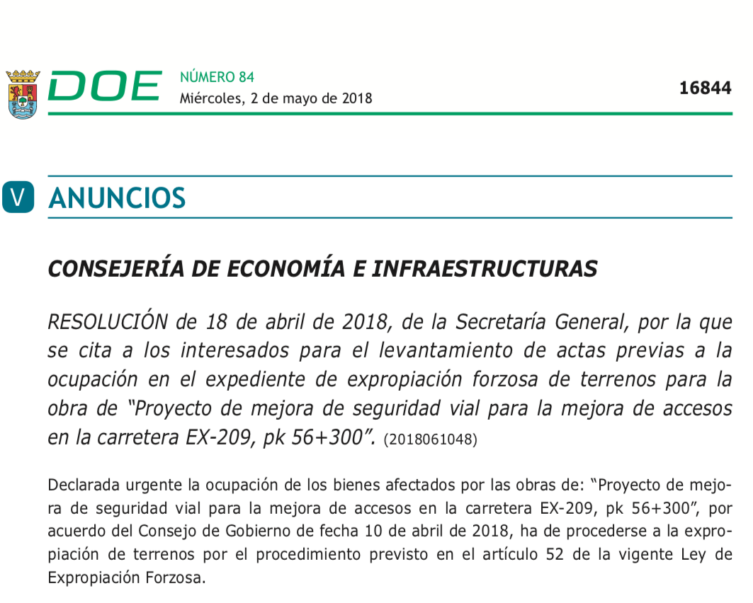expropiaciones en Mérida por obras en la EX-209