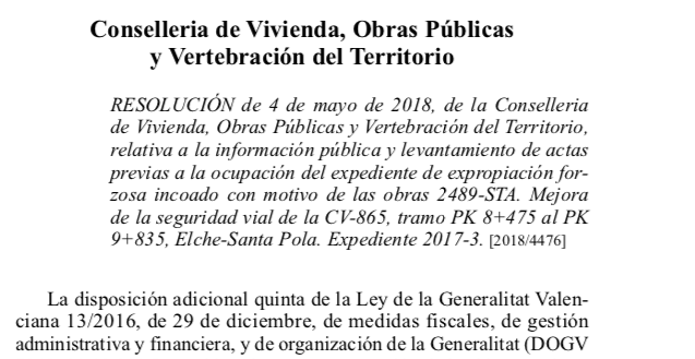 expropiaciones en Elche y Santa Pola por obras en CV-865