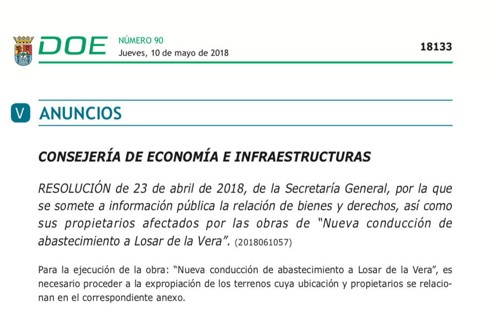 Expropiaciones en Losar de la Vera para obras de la conducción de abastecimiento