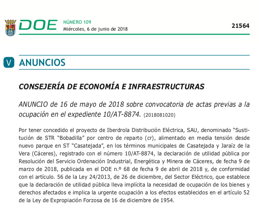 expropiaciones para propietarios en Jaráiz de la Vera y Casatejada