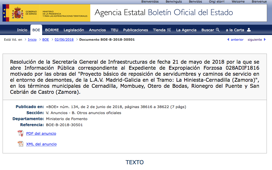 expropiaciones en varios municipios de Zamora por obras de servicios del AVE
