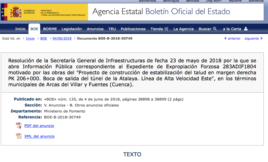 Expropiaciones en Fuentes y Arcas del Villar para estabilización de un talud del túnel de la Atalaya