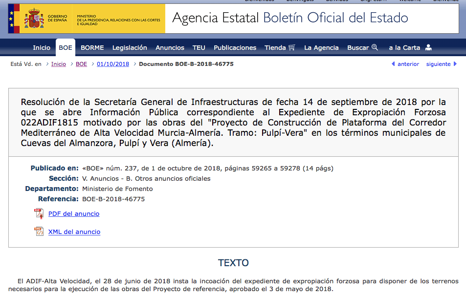 expropiaciones del AVE en Cuevas de Almanzora Pulpí y Vera