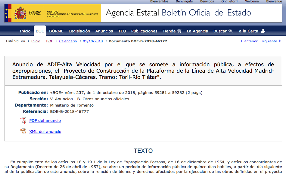 Expropiaciones por el AVE en Toril y Malpartida de Plasencia
