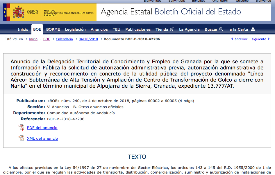 expropiaciones en Alpujarra de la Sierra por obras en línea de alta tensión