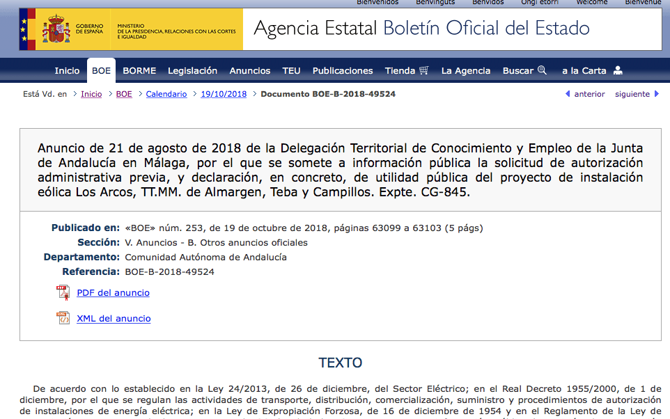 Expropiaciones en Almargen Teba y Campillos por construcción de parque eólico