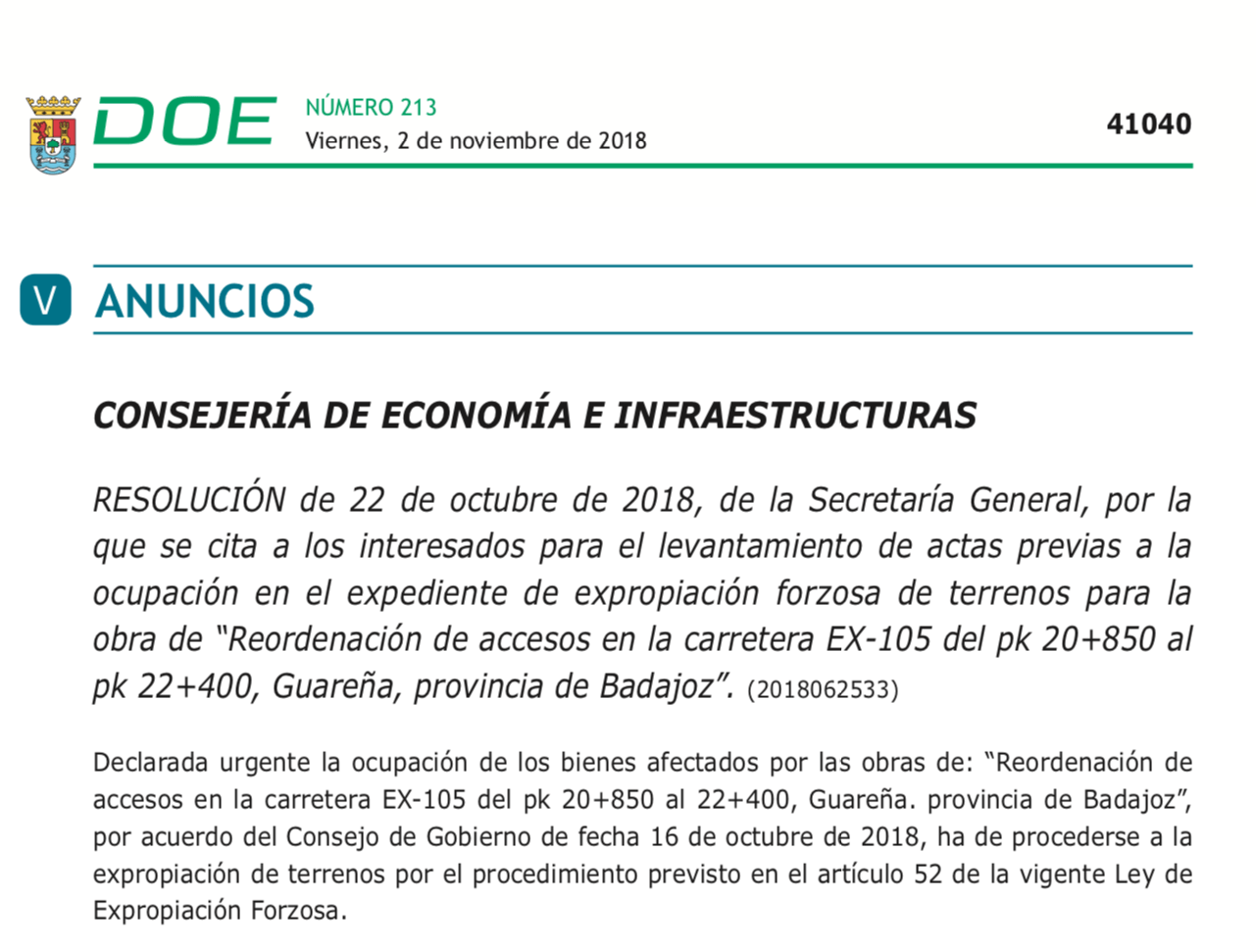 Expropiaciones en Guareña por obras en la EX105