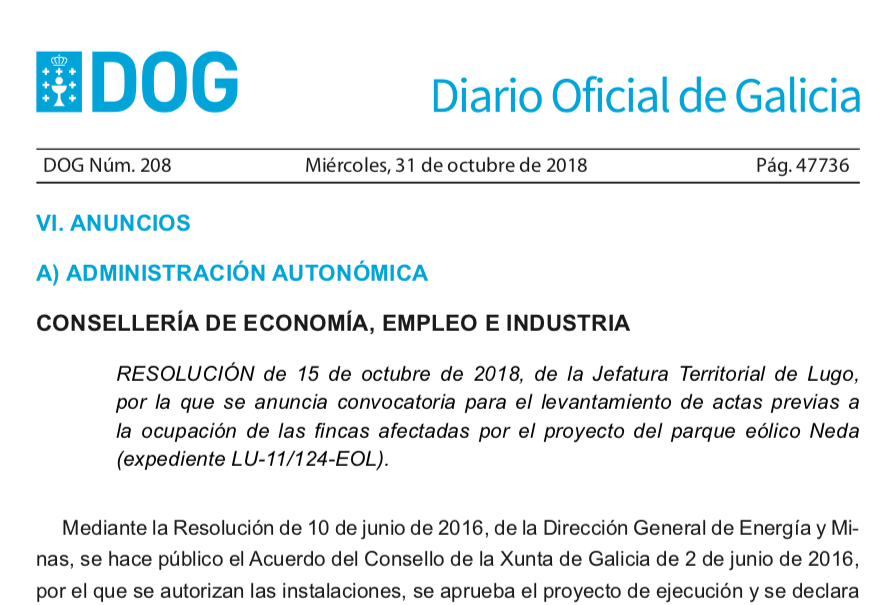 Expropiaciones en Abadín y A Pastoriza por construcción del parque eólico Neda