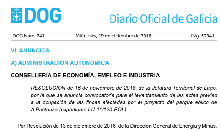 Expropiaciones para parque eólico en Mondoñedo, A Pastoriza y Riotorto