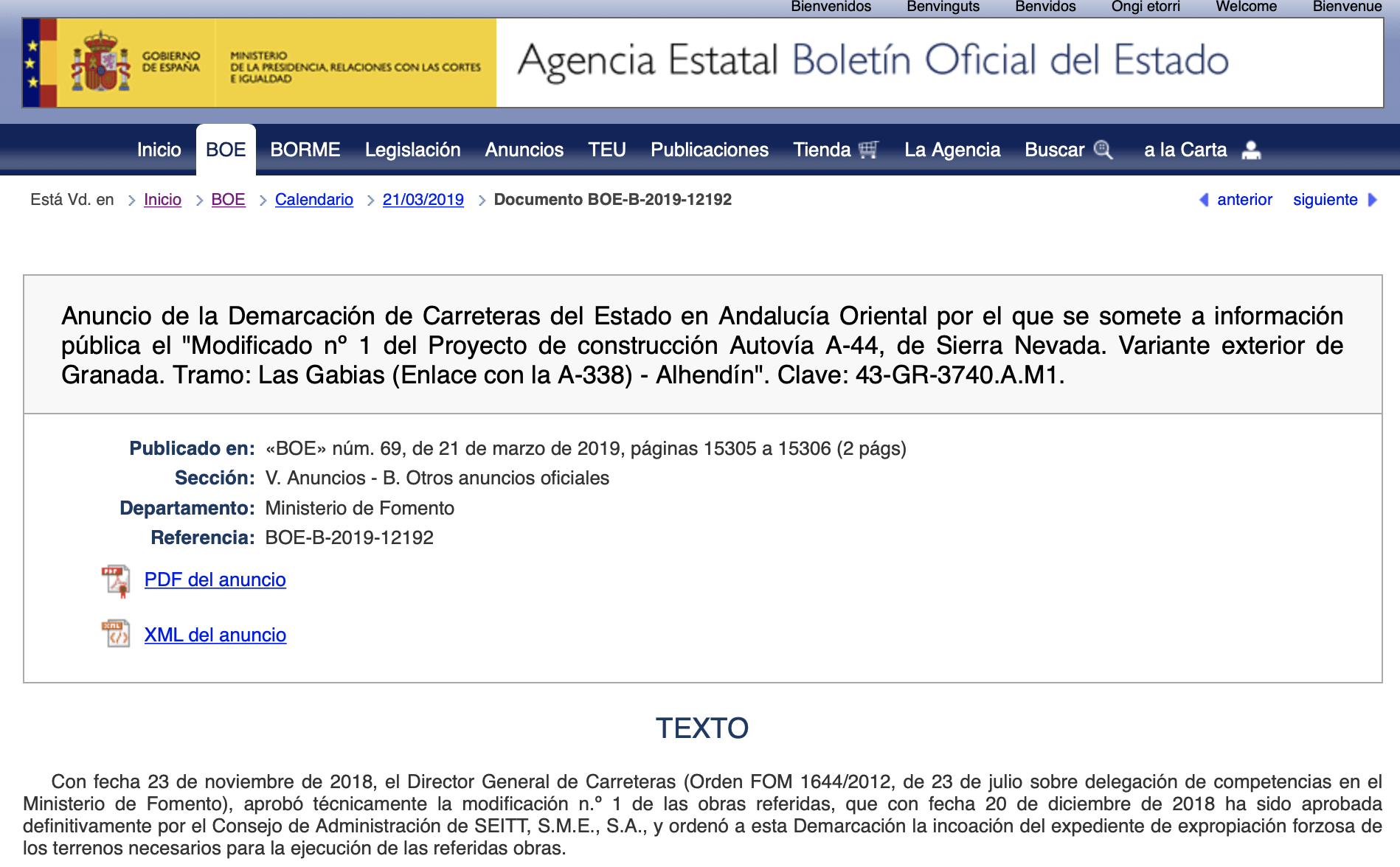 Expropiaciones en Alhendín Las Gabias y Villa de Otra por obras en la A44