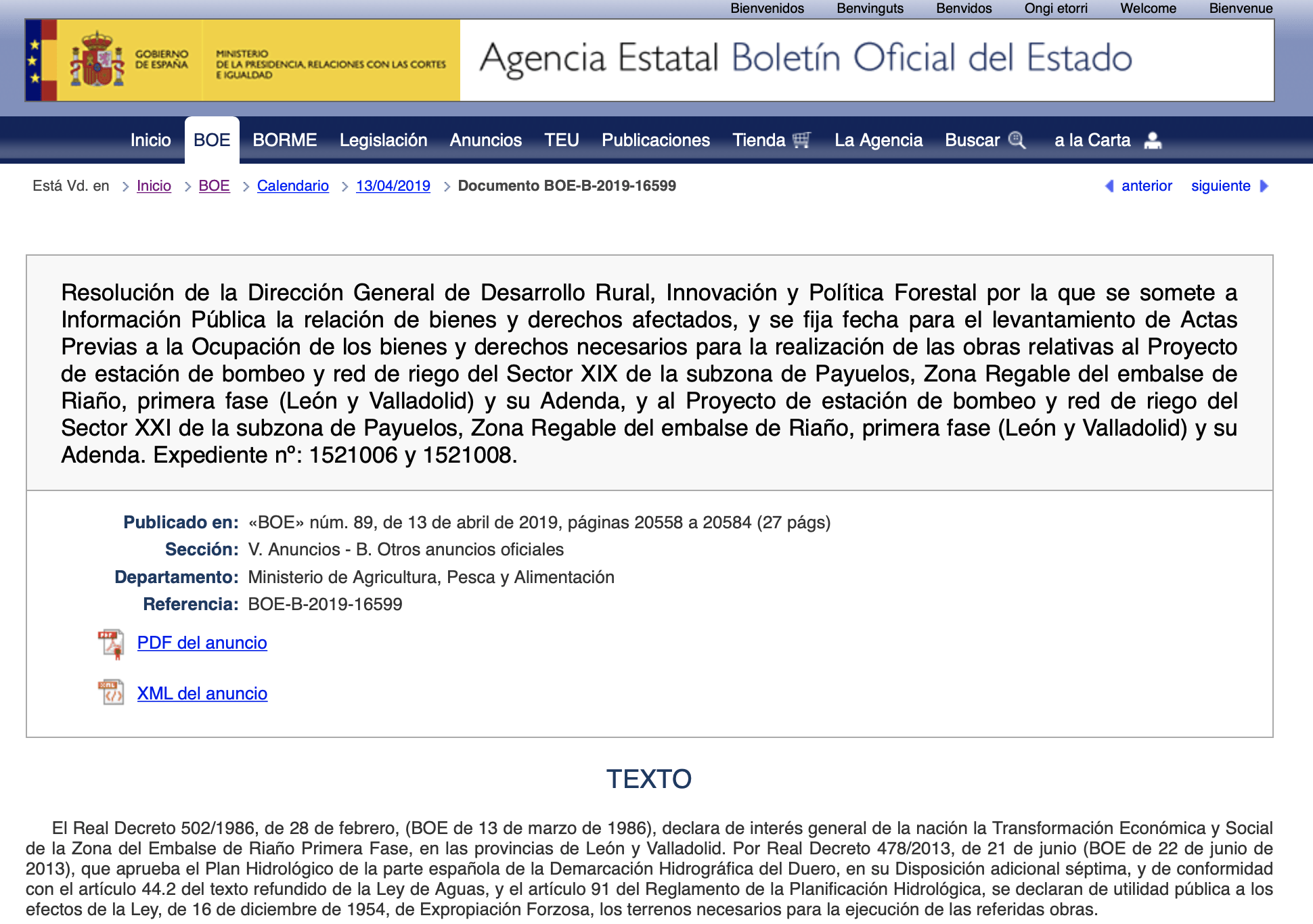 Expropiaciones en Bercianos del Real Camino, Calzada del Coto, Gordaliza del Pino, Joarilla de las Matas y Sahagún