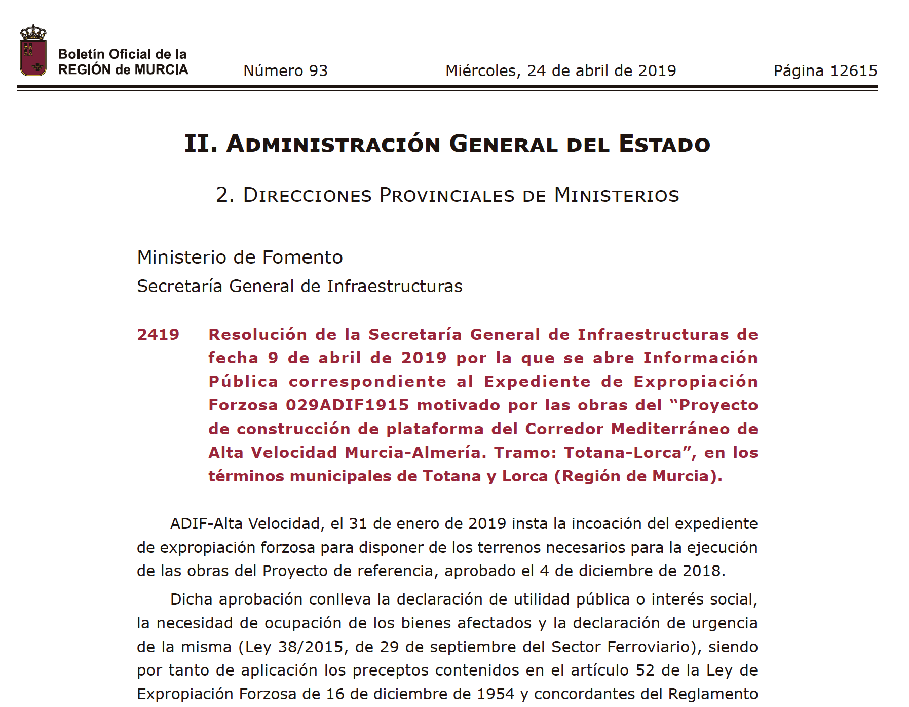 Expropiaciones en Totana y Lorca por obras del AVE Murcia Almería
