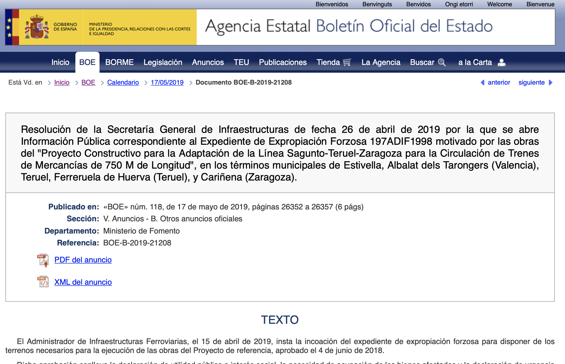 Expropiaciones en las provincias de Valencia, Teruel y Zaragoza