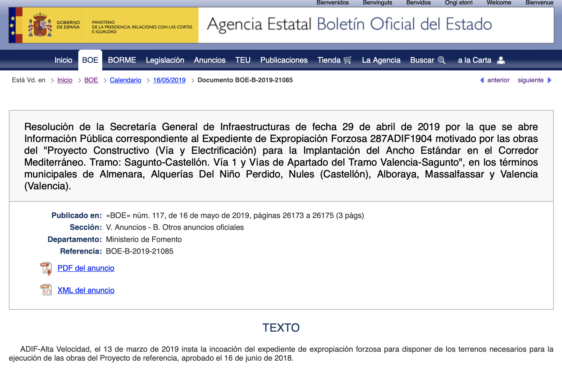 Expropiaciones en varios municipios de Valencia y Castellón para obras en vías ferrocarril