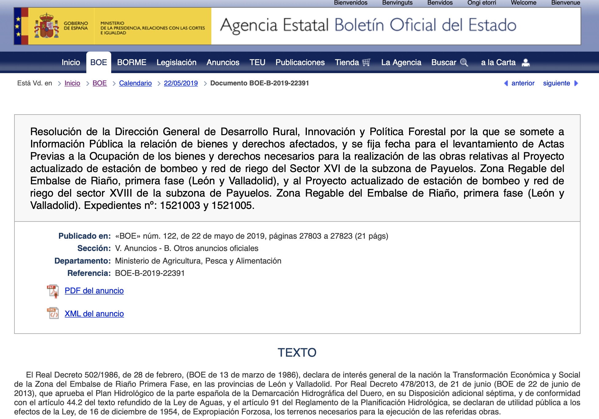 Expropiaciones para obras de regadío en la zona del embalse de Riaño, en Santa Cristina de Valmadrigal, Villamoratiel de las Matas, Gordaliza del Pino y Joarilla de las Matas