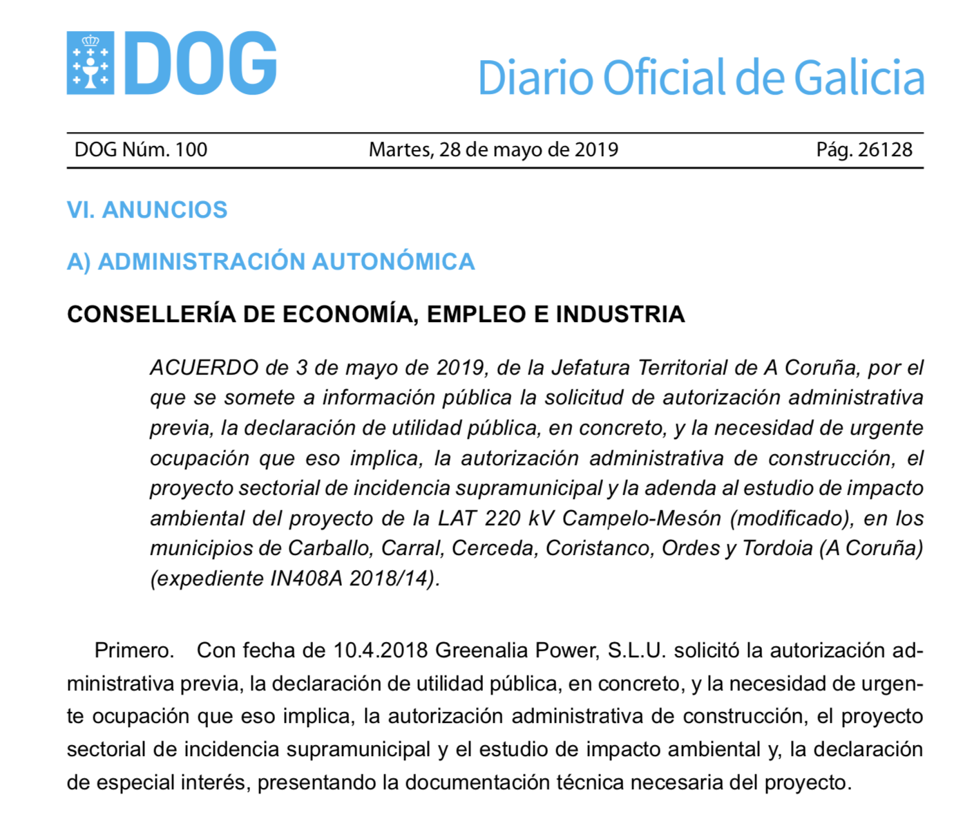 Expropiaciones en Carballo, Carral, Cerceda, Coristanco, Ordes y Tordoia por construcción de línea eléctrica de 220kV