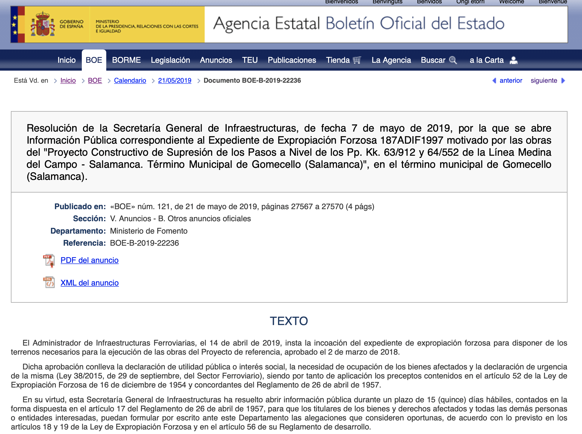 Expropiaciones en Gomecello por obras de supresión de pasos a nivel