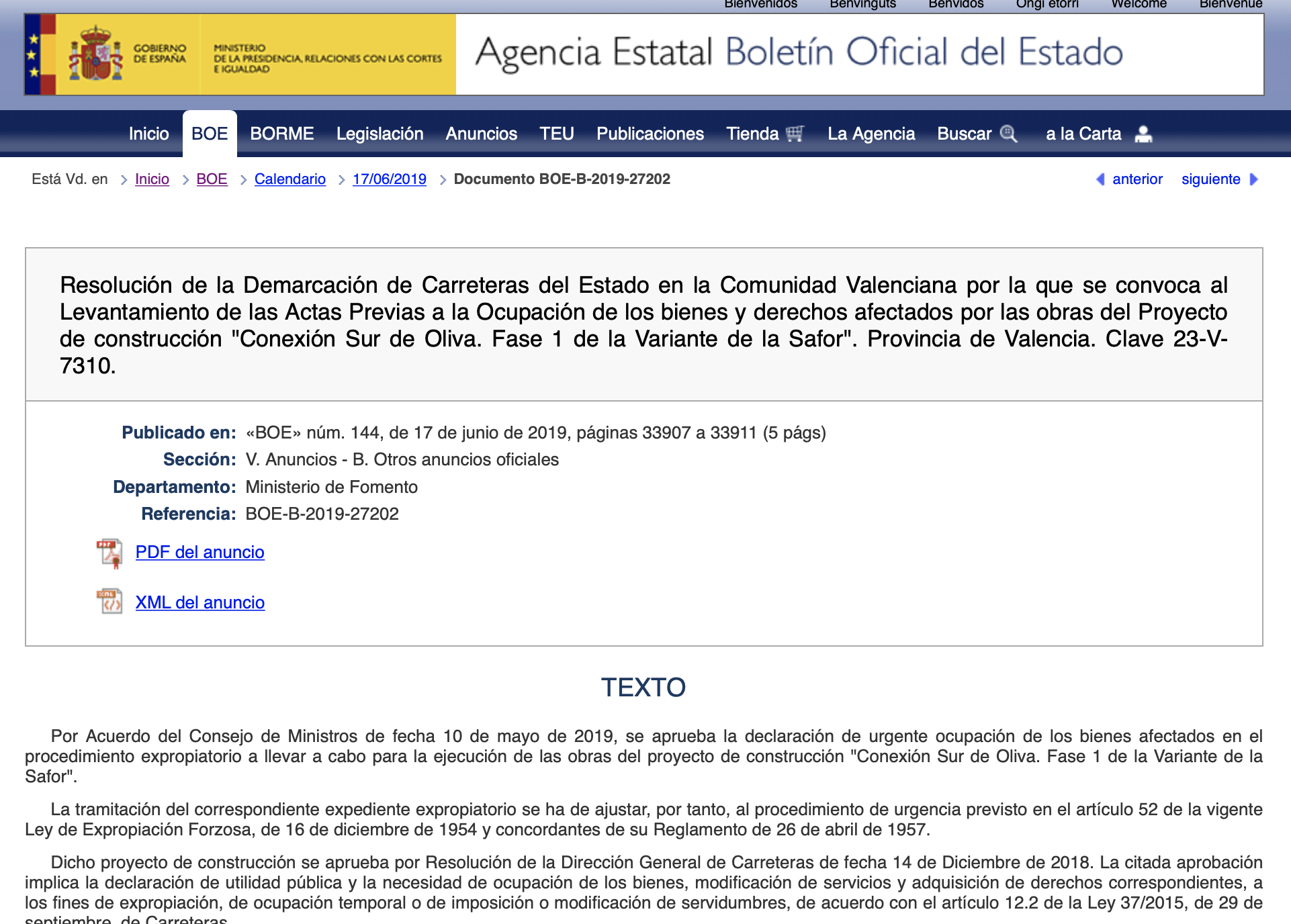 Expropiaciones en Oliva por construcción de la Conexión Sur
