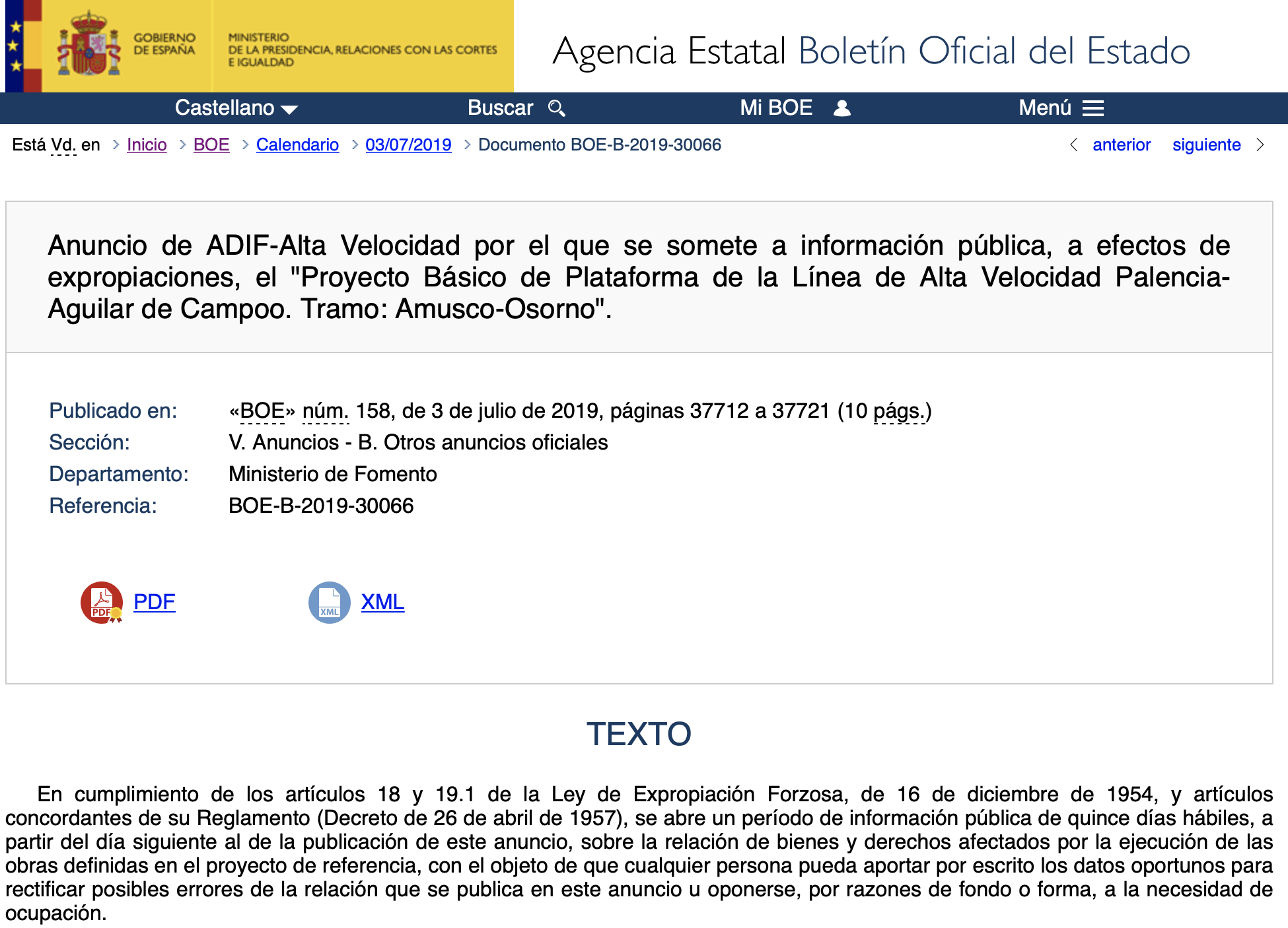 Expropiaciones en Amusco, Frómista, Marcilla de Campos, Piña de Campos, Santoyo, Támara de Campos y Osorno