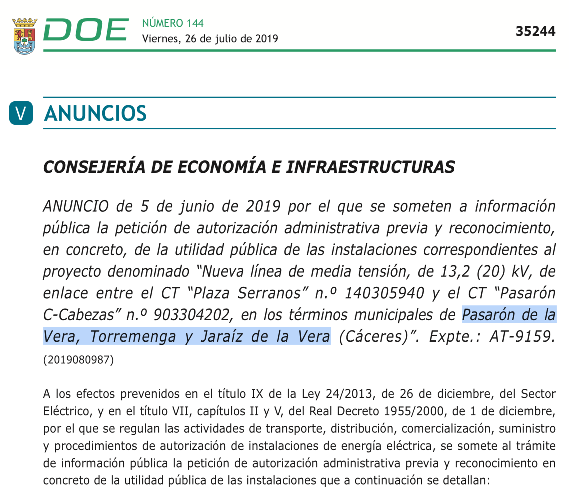 Expropiaciones en Pasarón de la Vera, Torremenga y Jaraíz de la Vera