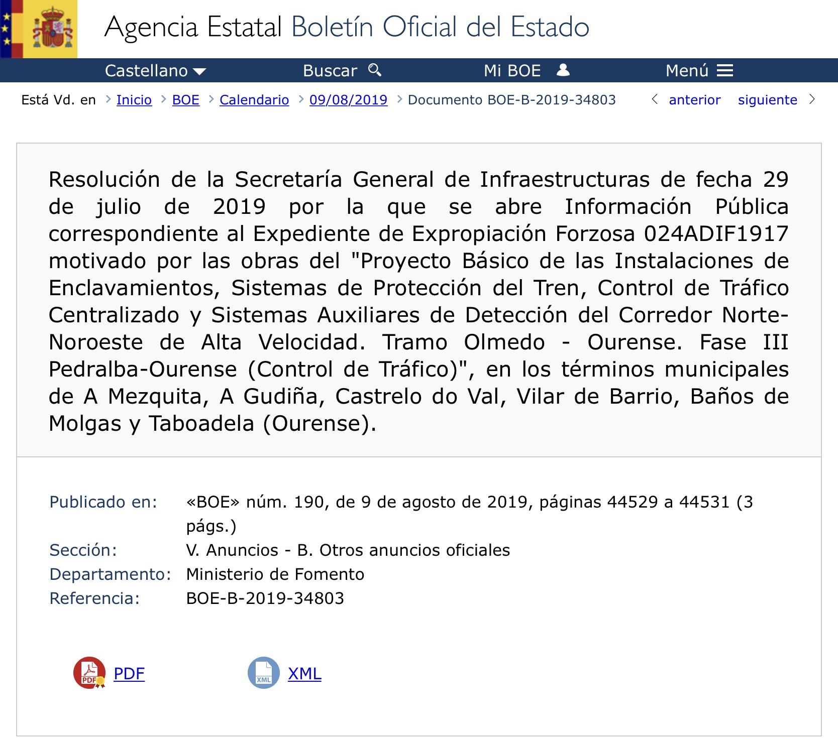 Expropiaciones en A Mezquita, A Gudiña, Castrelo do Val, Vilar de Barrio, Baños de Molgas y Taboadela