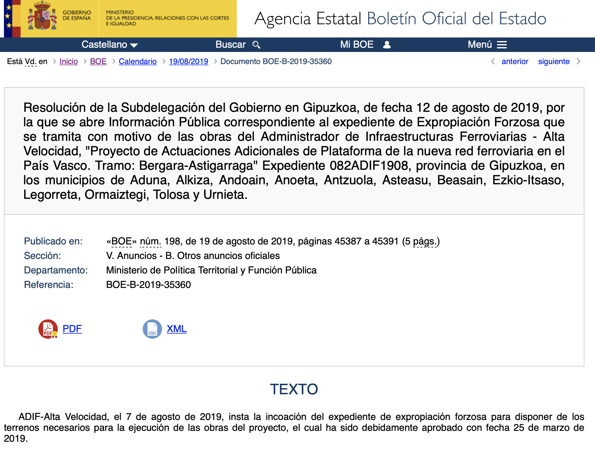Expropiaciones en Aduna Alkiza Andoain Anoeta Antzuola Asteasu Beasain Ezkio-Itsaso Legorreta Ormaiztegi Tolosa y Urnieta