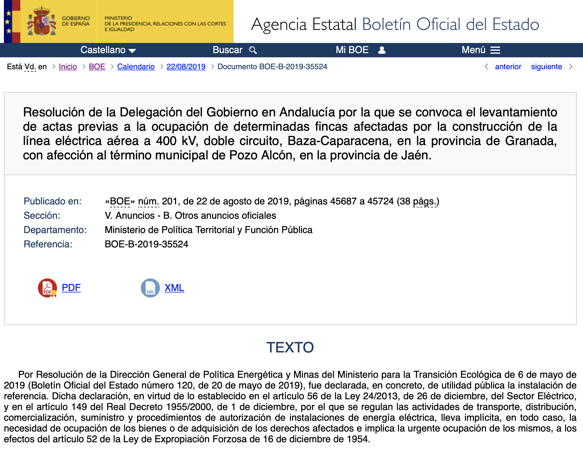 Expropiaciones en las provincias de Granada y Jaén