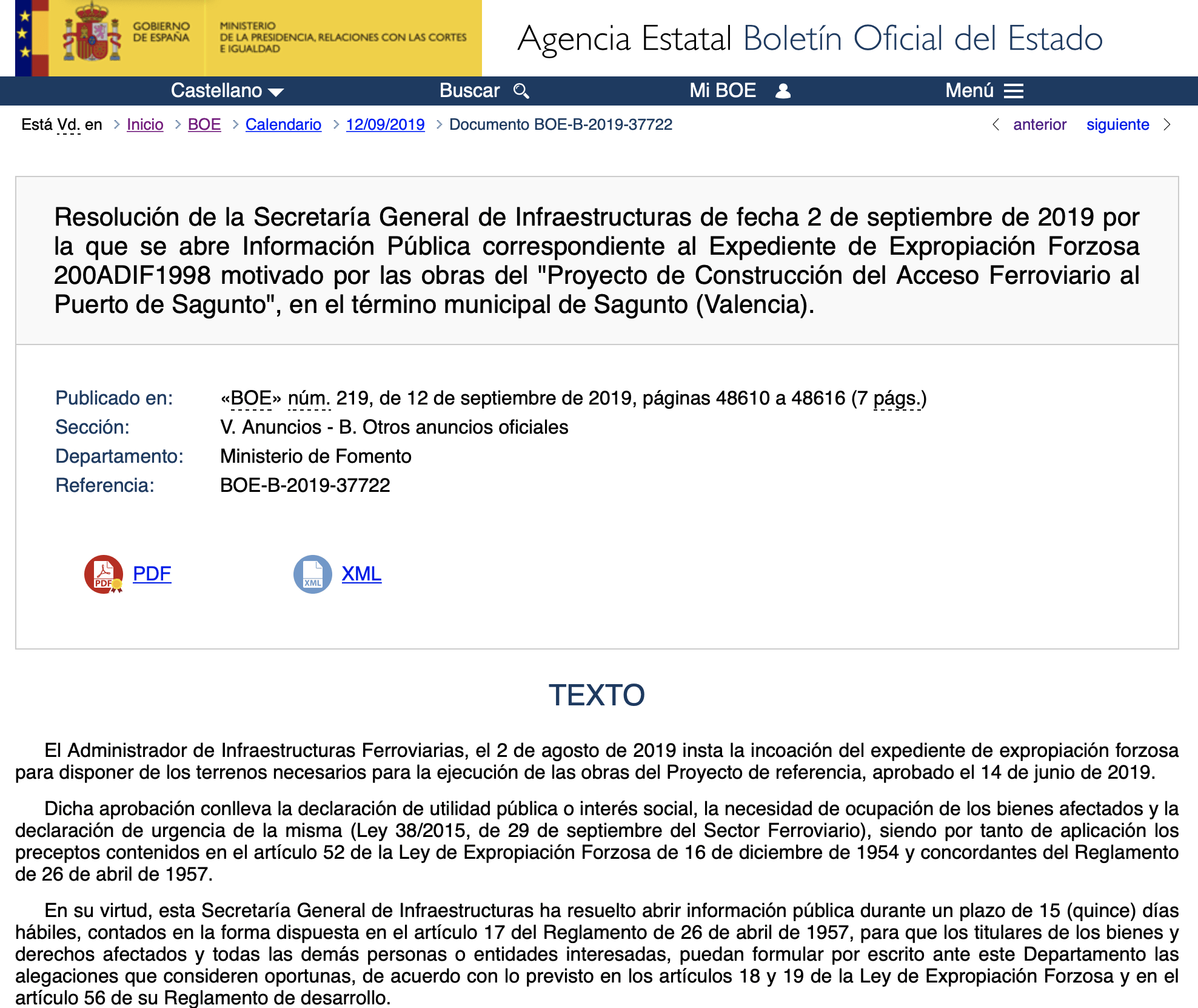 expropiaciones del acceso al Puerto de Sagunto