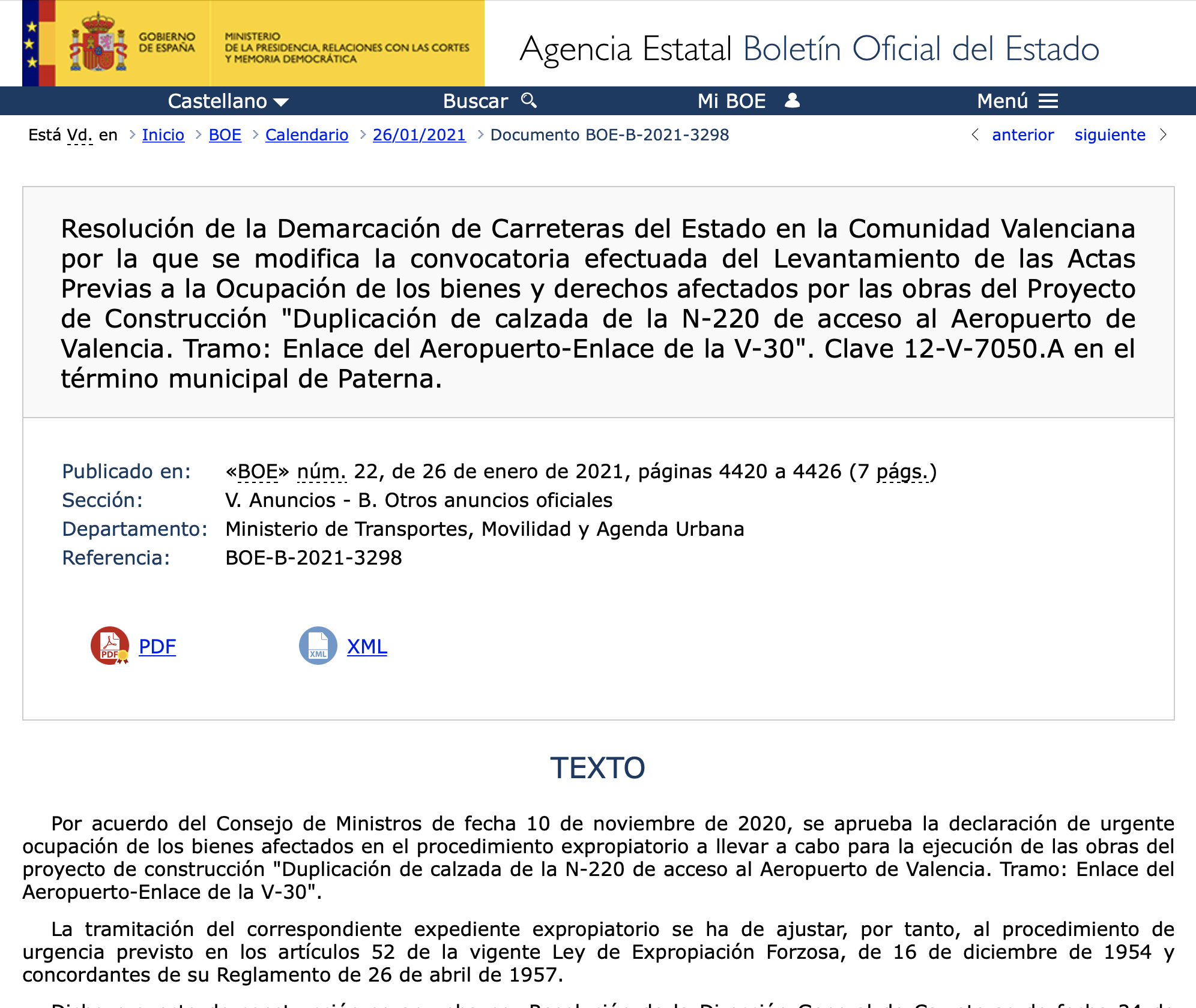 Expropiaciones en Paterna por la Duplicación de calzada
