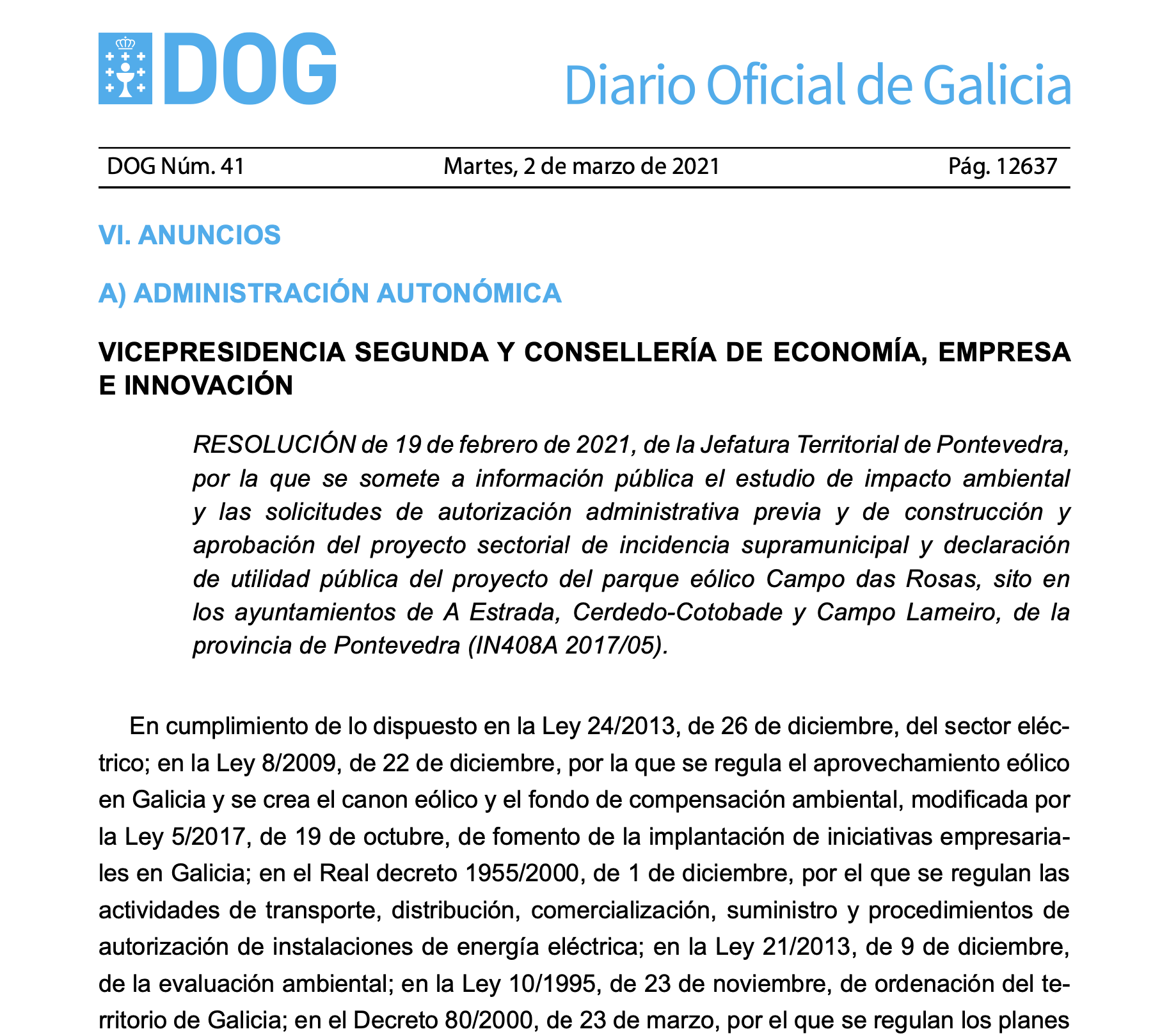Expropiaciones en A Estrada Cerdedo-Cotobade y Campo Lameiro por el Parque eólico Campo das Rosas
