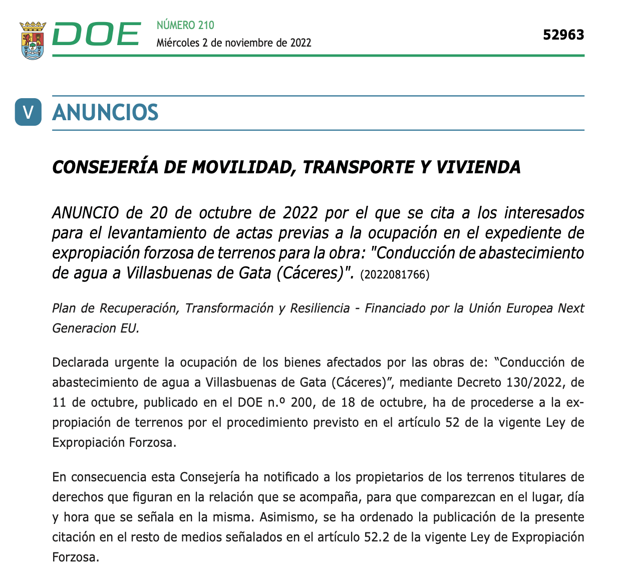 Expropiaciones en Villasbuenas de Gata