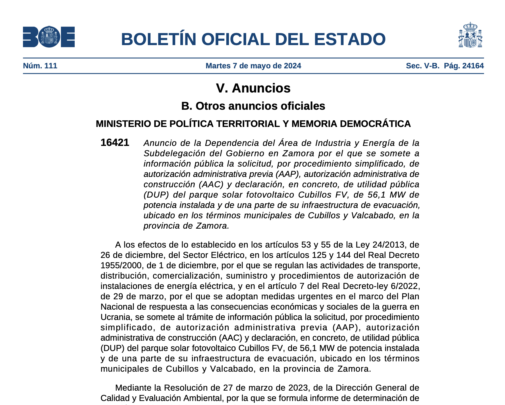 Expropiaciones en Cubillos y Valcabado (Zamora)