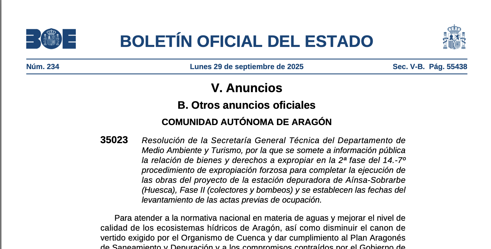 Expropiaciones en Aínsa (Huesca) por estación depuradora
