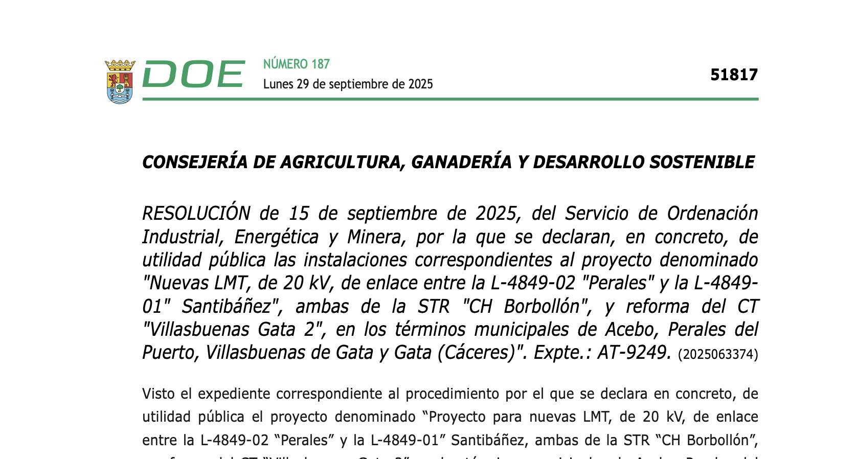 Expropiaciones en la provincia de Cáceres por LMT de 20 kV