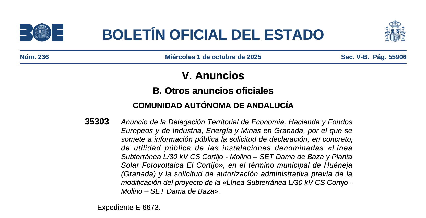 Expropiaciones en Huéneja (Granada) para Planta Solar Fotovoltaica El Cortijo
