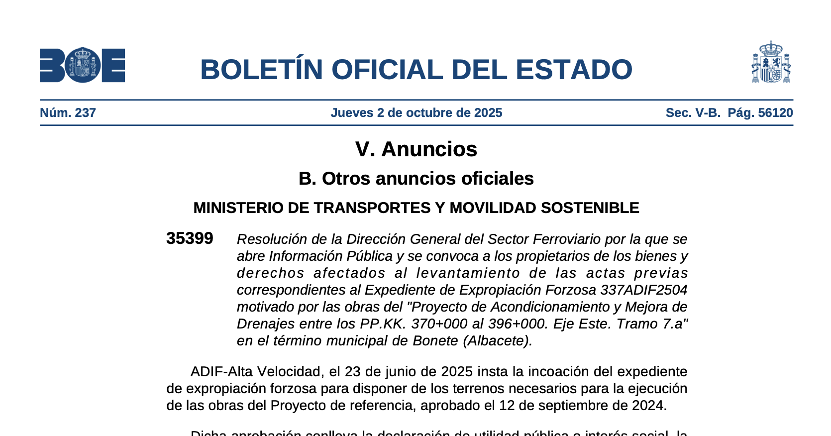 Expropiaciones en Bonete (Albacete)