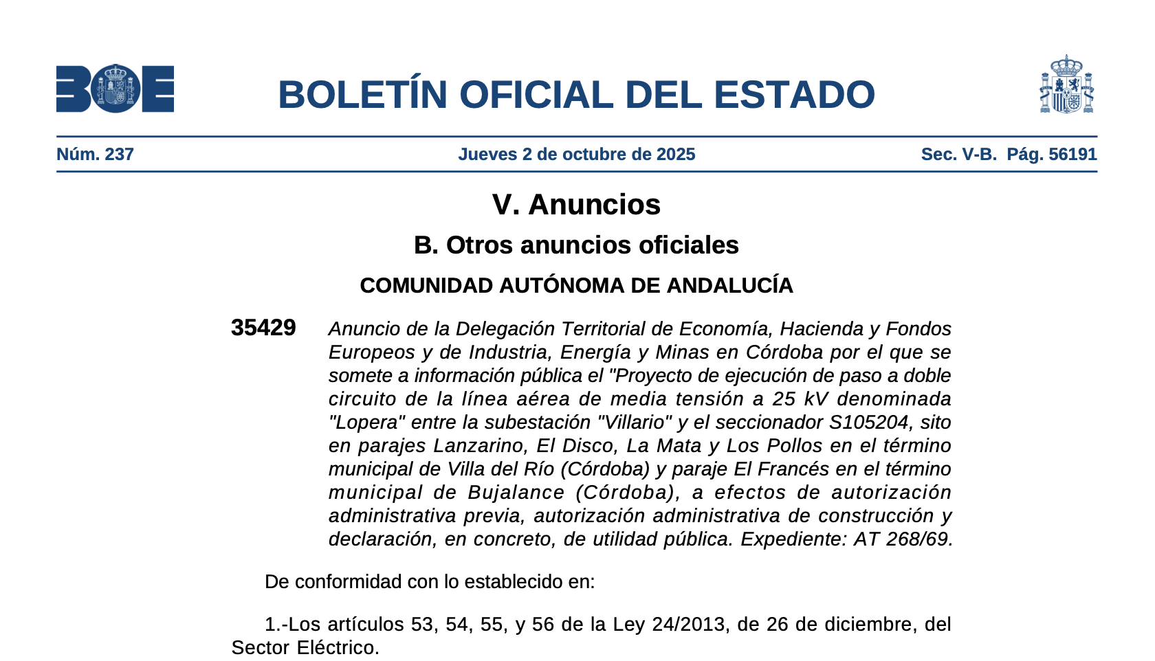 Expropiaciones en Villa del Río y Bujalance (Córdoba)