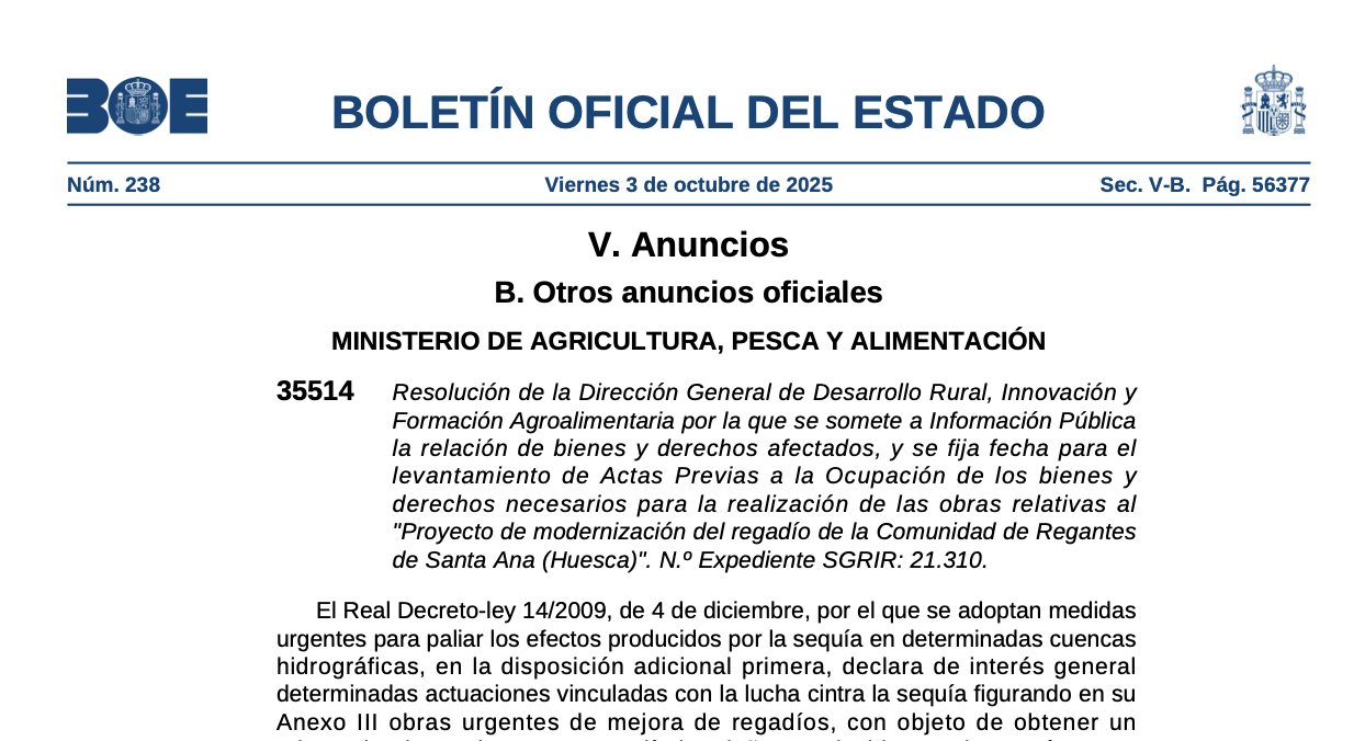 Expropiaciones en la provincia de Huesca para la C.R. Santa Ana
