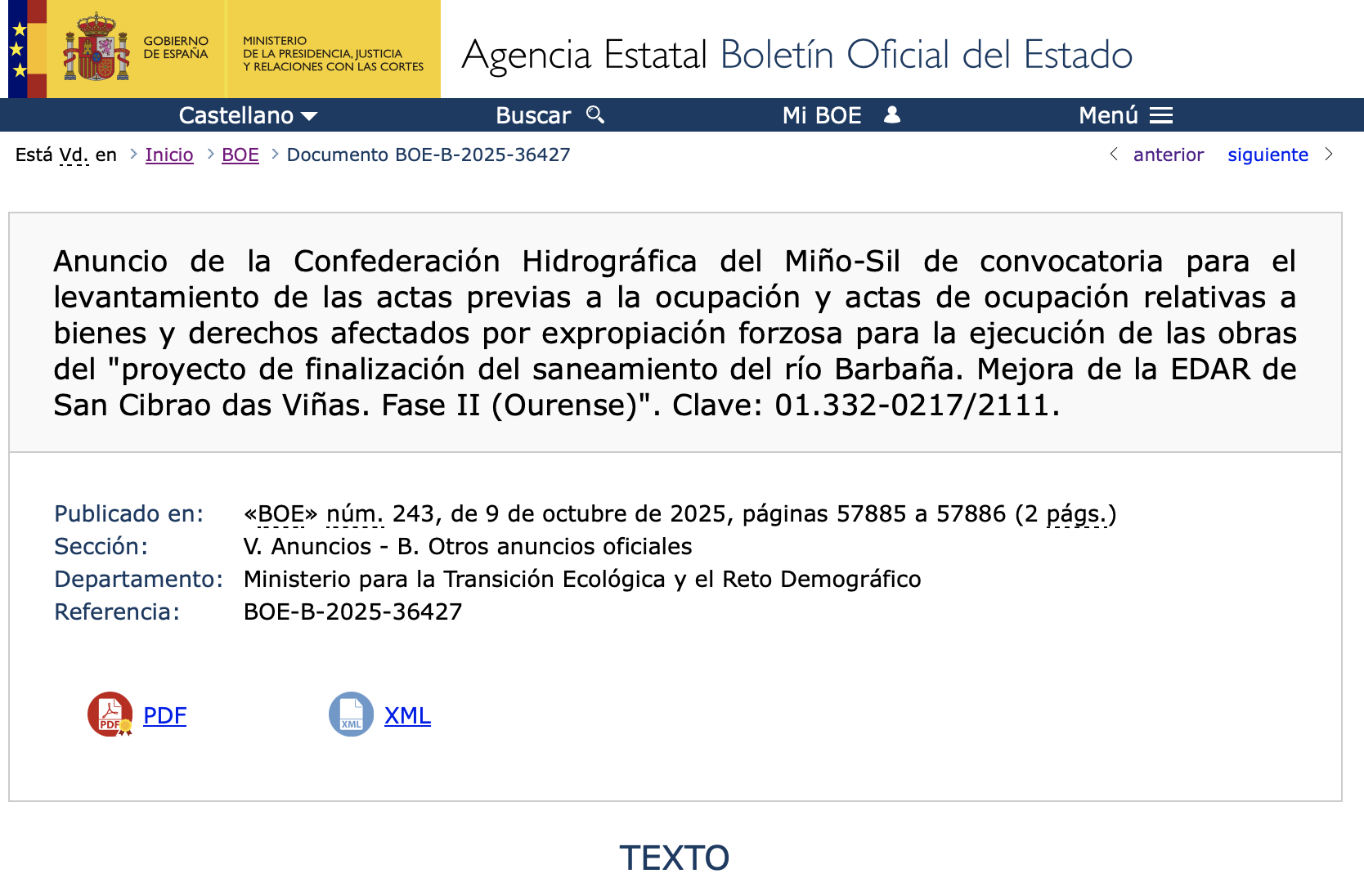Expropiaciones en la provincia de Orense saneamiento río Barbaña