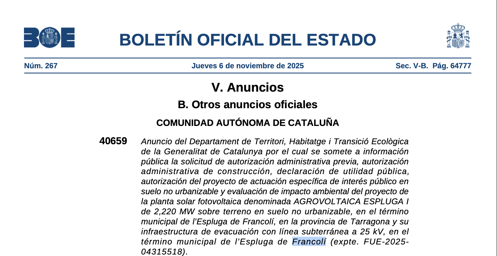 Expropiaciones en l’Espluga de Francolí (Tarragona)